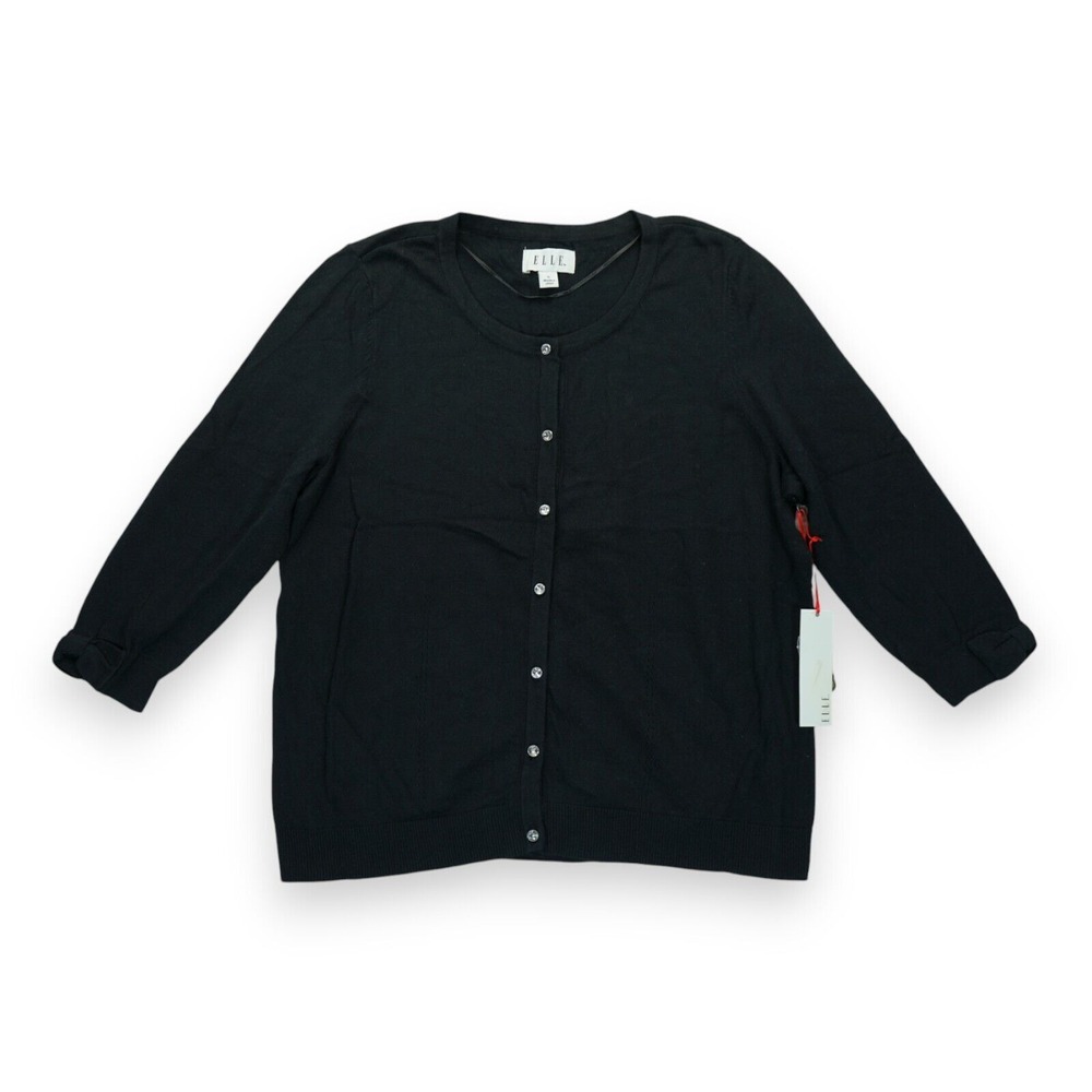 NWT Elle Lady In Lace Women's Cardigan Sweater Button Up 3/4 Sleeve Black XL